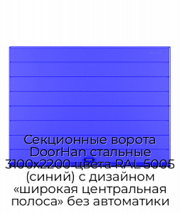 Секционные ворота DoorHan стальные 3100х2200 цвета RAL 5005 (синий) с дизайном «широкая центральная полоса» без автоматики preview 1