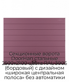 Секционные ворота DoorHan стальные 2500х2100 цвета RAL 3005 (бордовый) с дизайном «широкая центральная полоса» без автоматики