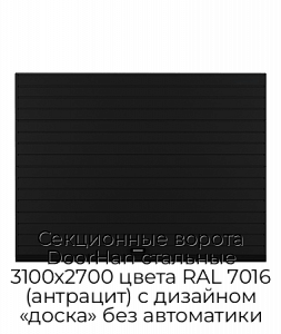 Секционные ворота DoorHan стальные 3100х2700 цвета RAL 7016 (антрацит) с дизайном «доска» без автоматики preview 1