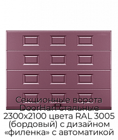 Секционные ворота DoorHan стальные 2300х2100 цвета RAL 3005 (бордовый) с дизайном «филенка» с автоматикой