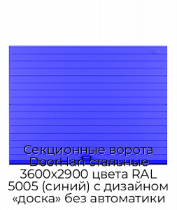 Секционные ворота DoorHan стальные 3600х2900 цвета RAL 5005 (синий) с дизайном «доска» без автоматики preview 1