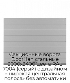 Секционные ворота DoorHan стальные 3000х2400 цвета RAL 7004 (серый) с дизайном «широкая центральная полоса» без автоматики
