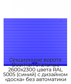 Секционные ворота DoorHan стальные 2600х2300 цвета RAL 5005 (синий) с дизайном «доска» без автоматики