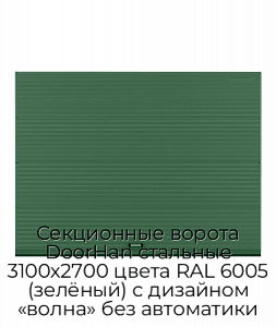 Секционные ворота DoorHan стальные 3100х2700 цвета RAL 6005 (зелёный) с дизайном «волна» без автоматики preview 1