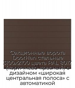 Секционные ворота DoorHan стальные 3100х2100 цвета RAL 8017 (коричнево-красный) с дизайном «широкая центральная полоса» с автоматикой preview 1
