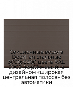 Секционные ворота DoorHan стальные 3000х2900 цвета RAL 3000 (коричневый) с дизайном «широкая центральная полоса» без автоматики