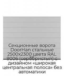 Секционные ворота DoorHan стальные 2500х2300 цвета RAL 9006 (серебристый) с дизайном «широкая центральная полоса» без автоматики