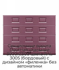 Секционные ворота DoorHan стальные 3000х2300 цвета RAL 3005 (бордовый) с дизайном «филенка» без автоматики preview 1