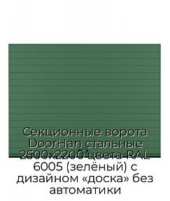 Секционные ворота DoorHan стальные 2500х2200 цвета RAL 6005 (зелёный) с дизайном «доска» без автоматики
