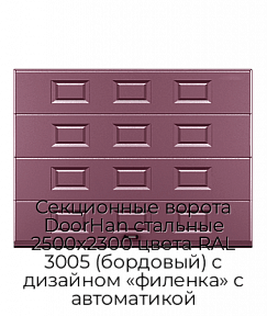 Секционные ворота DoorHan стальные 2500х2300 цвета RAL 3005 (бордовый) с дизайном «филенка» с автоматикой