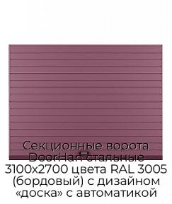 Секционные ворота DoorHan стальные 3100х2700 цвета RAL 3005 (бордовый) с дизайном «доска» с автоматикой