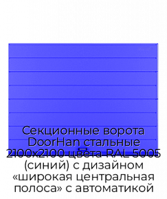 Секционные ворота DoorHan стальные 2100х2100 цвета RAL 5005 (синий) с дизайном «широкая центральная полоса» с автоматикой