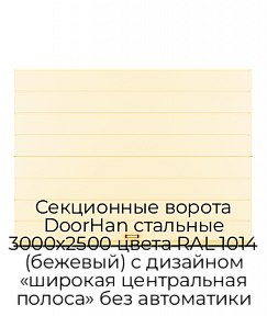 Секционные ворота DoorHan стальные 3000х2500 цвета RAL 1014 (бежевый) с дизайном «широкая центральная полоса» без автоматики