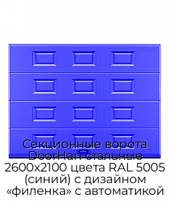 Секционные ворота DoorHan стальные 2600х2100 цвета RAL 5005 (синий) с дизайном «филенка» с автоматикой