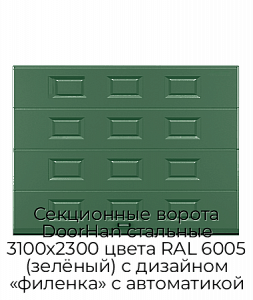 Секционные ворота DoorHan стальные 3100х2300 цвета RAL 6005 (зелёный) с дизайном «филенка» с автоматикой preview 1