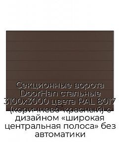 Секционные ворота DoorHan стальные 3100х3000 цвета RAL 8017 (коричнево-красный) с дизайном «широкая центральная полоса» без автоматики