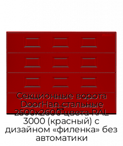 Секционные ворота DoorHan стальные 2500х2600 цвета RAL 3000 (красный) с дизайном «филенка» без автоматики