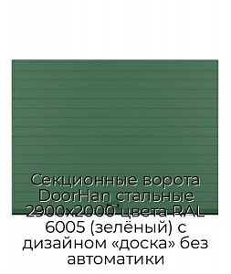 Секционные ворота DoorHan стальные 2900х2000 цвета RAL 6005 (зелёный) с дизайном «доска» без автоматики preview 1
