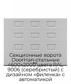 Секционные ворота DoorHan стальные 4600х2000 цвета RAL 9006 (серебристый) с дизайном «филенка» с автоматикой