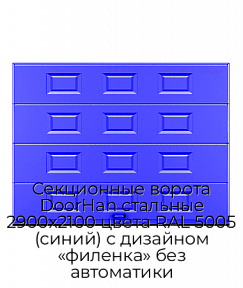Секционные ворота DoorHan стальные 2900х2100 цвета RAL 5005 (синий) с дизайном «филенка» без автоматики