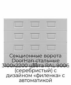 Секционные ворота DoorHan стальные 3100х2200 цвета RAL 9006 (серебристый) с дизайном «филенка» с автоматикой