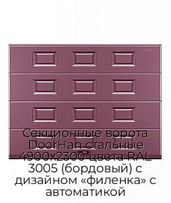 Секционные ворота DoorHan стальные 4900х2300 цвета RAL 3005 (бордовый) с дизайном «филенка» с автоматикой