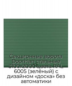 Секционные ворота DoorHan стальные 3100х2000 цвета RAL 6005 (зелёный) с дизайном «доска» без автоматики preview 1
