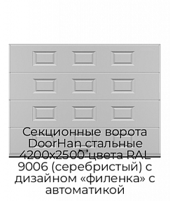 Секционные ворота DoorHan стальные 4200х2500 цвета RAL 9006 (серебристый) с дизайном «филенка» с автоматикой