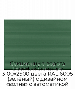 Секционные ворота DoorHan стальные 3100х2500 цвета RAL 6005 (зелёный) с дизайном «волна» с автоматикой preview 1