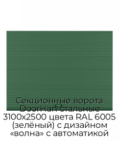 Секционные ворота DoorHan стальные 3100х2500 цвета RAL 6005 (зелёный) с дизайном «волна» с автоматикой