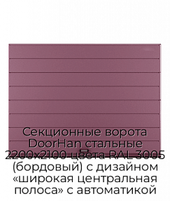 Секционные ворота DoorHan стальные 2200х2100 цвета RAL 3005 (бордовый) с дизайном «широкая центральная полоса» с автоматикой