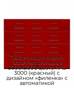 Секционные ворота DoorHan стальные 3000х3000 цвета RAL 3000 (красный) с дизайном «филенка» с автоматикой