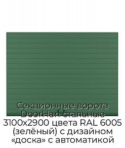 Секционные ворота DoorHan стальные 3100х2900 цвета RAL 6005 (зелёный) с дизайном «доска» с автоматикой preview 1