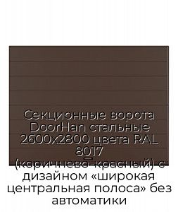 Секционные ворота DoorHan стальные 2600х2800 цвета RAL 8017 (коричнево-красный) с дизайном «широкая центральная полоса» без автоматики preview 1