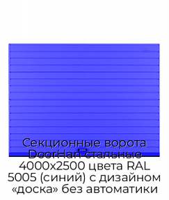 Секционные ворота DoorHan стальные 4000х2500 цвета RAL 5005 (синий) с дизайном «доска» без автоматики
