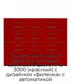 Секционные ворота DoorHan стальные 2500х2300 цвета RAL 3000 (красный) с дизайном «филенка» с автоматикой