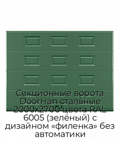 Секционные ворота DoorHan стальные 2000х2700 цвета RAL 6005 (зелёный) с дизайном «филенка» без автоматики
