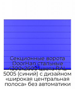 Секционные ворота DoorHan стальные 4300х2600 цвета RAL 5005 (синий) с дизайном «широкая центральная полоса» без автоматики