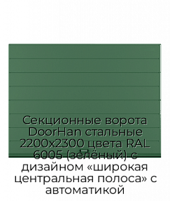 Секционные ворота DoorHan стальные 2200х2300 цвета RAL 6005 (зелёный) с дизайном «широкая центральная полоса» с автоматикой