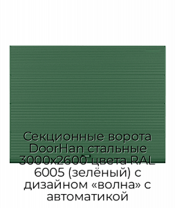 Секционные ворота DoorHan стальные 3000х2600 цвета RAL 6005 (зелёный) с дизайном «волна» с автоматикой preview 1
