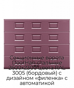 Секционные ворота DoorHan стальные 2600х2300 цвета RAL 3005 (бордовый) с дизайном «филенка» с автоматикой