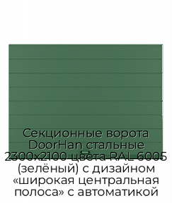 Секционные ворота DoorHan стальные 2300х2100 цвета RAL 6005 (зелёный) с дизайном «широкая центральная полоса» с автоматикой