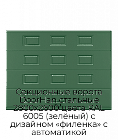 Секционные ворота DoorHan стальные 2800х2600 цвета RAL 6005 (зелёный) с дизайном «филенка» с автоматикой