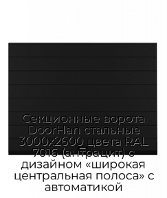 Секционные ворота DoorHan стальные 3000х2600 цвета RAL 7016 (антрацит) с дизайном «широкая центральная полоса» с автоматикой