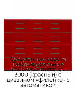 Секционные ворота DoorHan стальные 2600х2900 цвета RAL 3000 (красный) с дизайном «филенка» с автоматикой