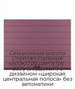Секционные ворота DoorHan стальные 4300х2200 цвета RAL 3005 (бордовый) с дизайном «широкая центральная полоса» без автоматики preview 1