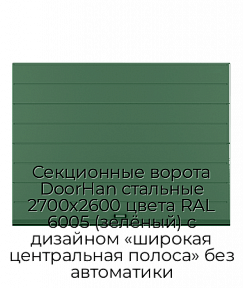 Секционные ворота DoorHan стальные 2700х2600 цвета RAL 6005 (зелёный) с дизайном «широкая центральная полоса» без автоматики