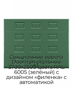 Секционные ворота DoorHan стальные 3700х2500 цвета RAL 6005 (зелёный) с дизайном «филенка» с автоматикой