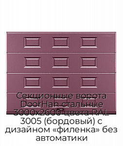 Секционные ворота DoorHan стальные 3000х2600 цвета RAL 3005 (бордовый) с дизайном «филенка» без автоматики preview 1