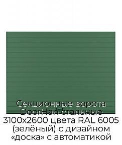 Секционные ворота DoorHan стальные 3100х2600 цвета RAL 6005 (зелёный) с дизайном «доска» с автоматикой
